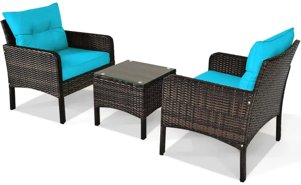 3 Pieces Outdoor Patio Rattan Conversation Set with Seat Cushions