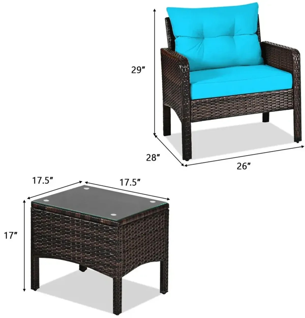 3 Pieces Outdoor Patio Rattan Conversation Set with Seat Cushions