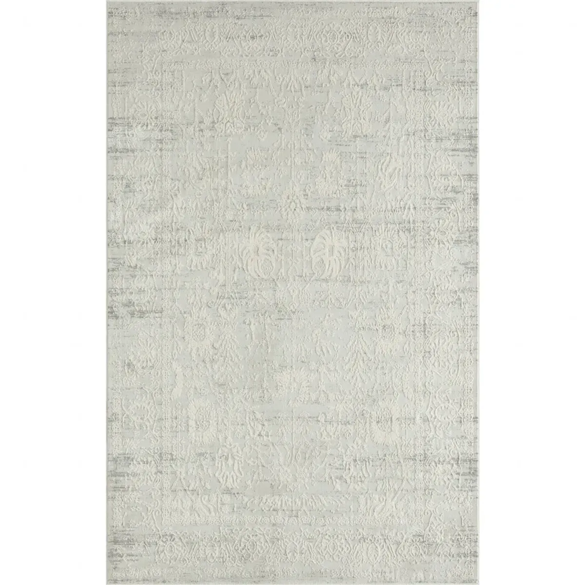 9 X 12 Ivory And gray Floral Power Loom Distressed Stain Resistant Area Rug