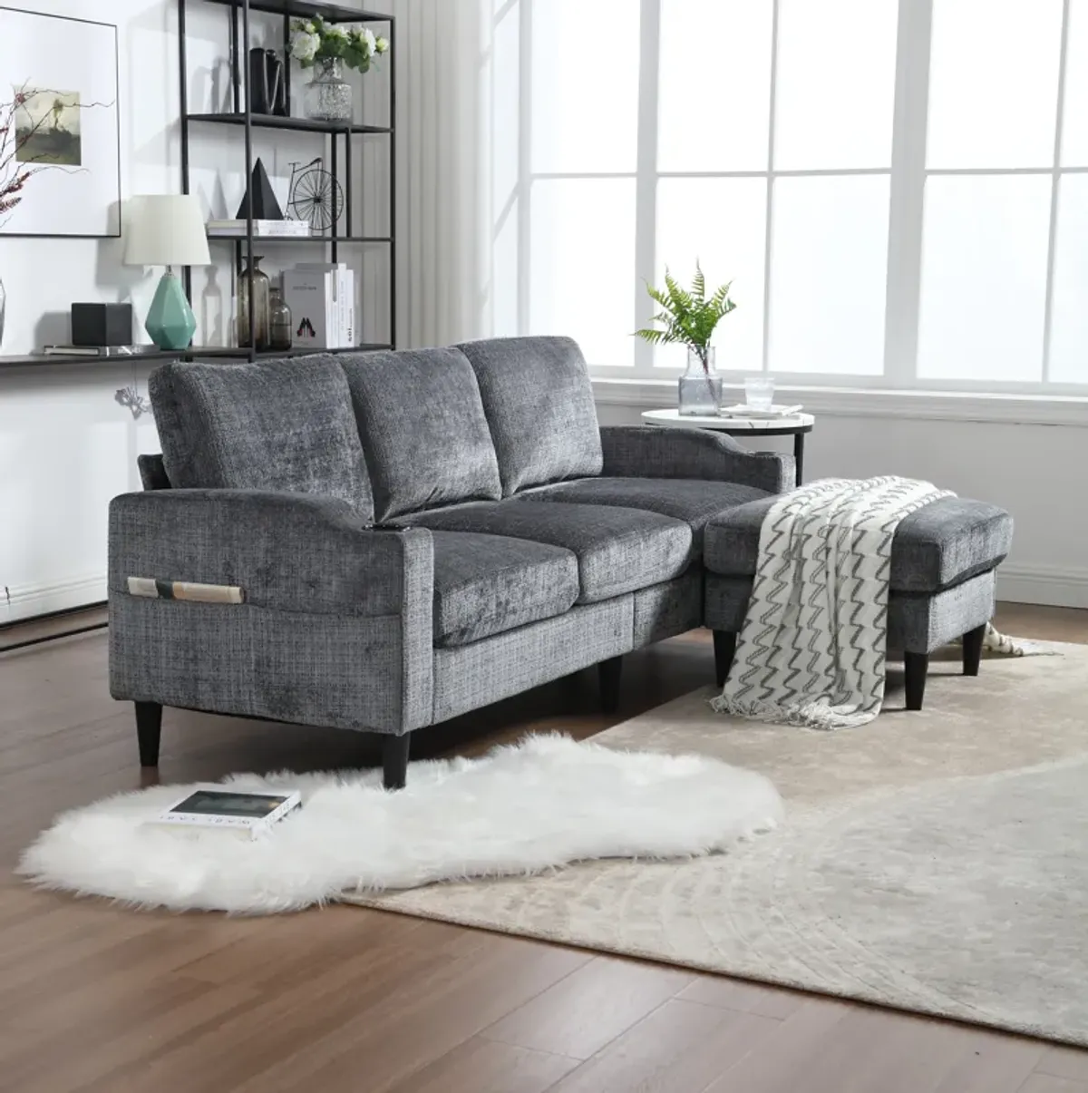 Sofa for three, solid wood frame, Chenille fabric, side pocket, with two cup holders, footstool with storagestorage sofa /Living room sofa cozy sectional sofa