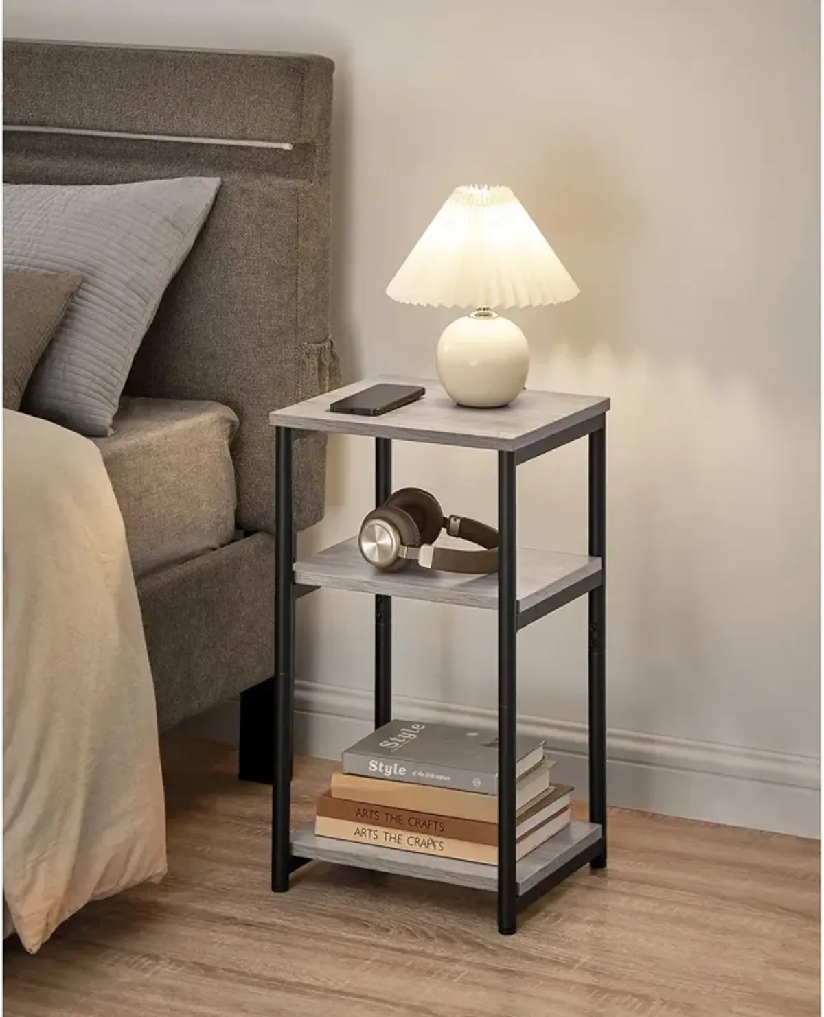 Tall Slim Side Table with Storage Shelves and Steel Frame for Living Room or Bedroom`