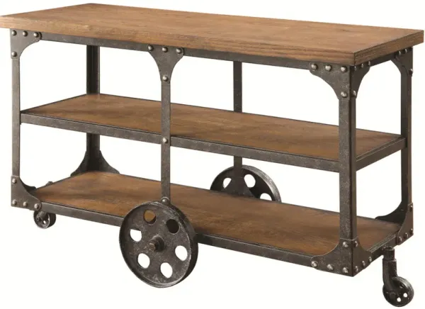 Industrial Style Solid Wooden Sofa Table With Metal Accents & Wheels, Brown-Benzara