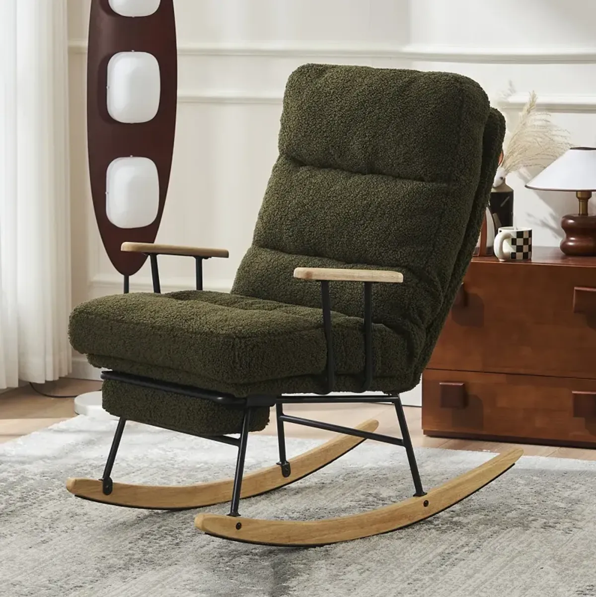 Modern Green Gliding Rocking Chair with Retractable Footrest