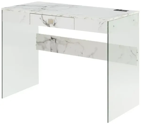 Convenience Concepts Soho 42 Inch Glass Desk With Charging Station, Faux White Marble