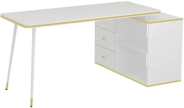 55.1 in. Width L-Shaped White & Golden Wooden 3-Drawer Writing Desk, Computer Desk with 2 Open Shelves