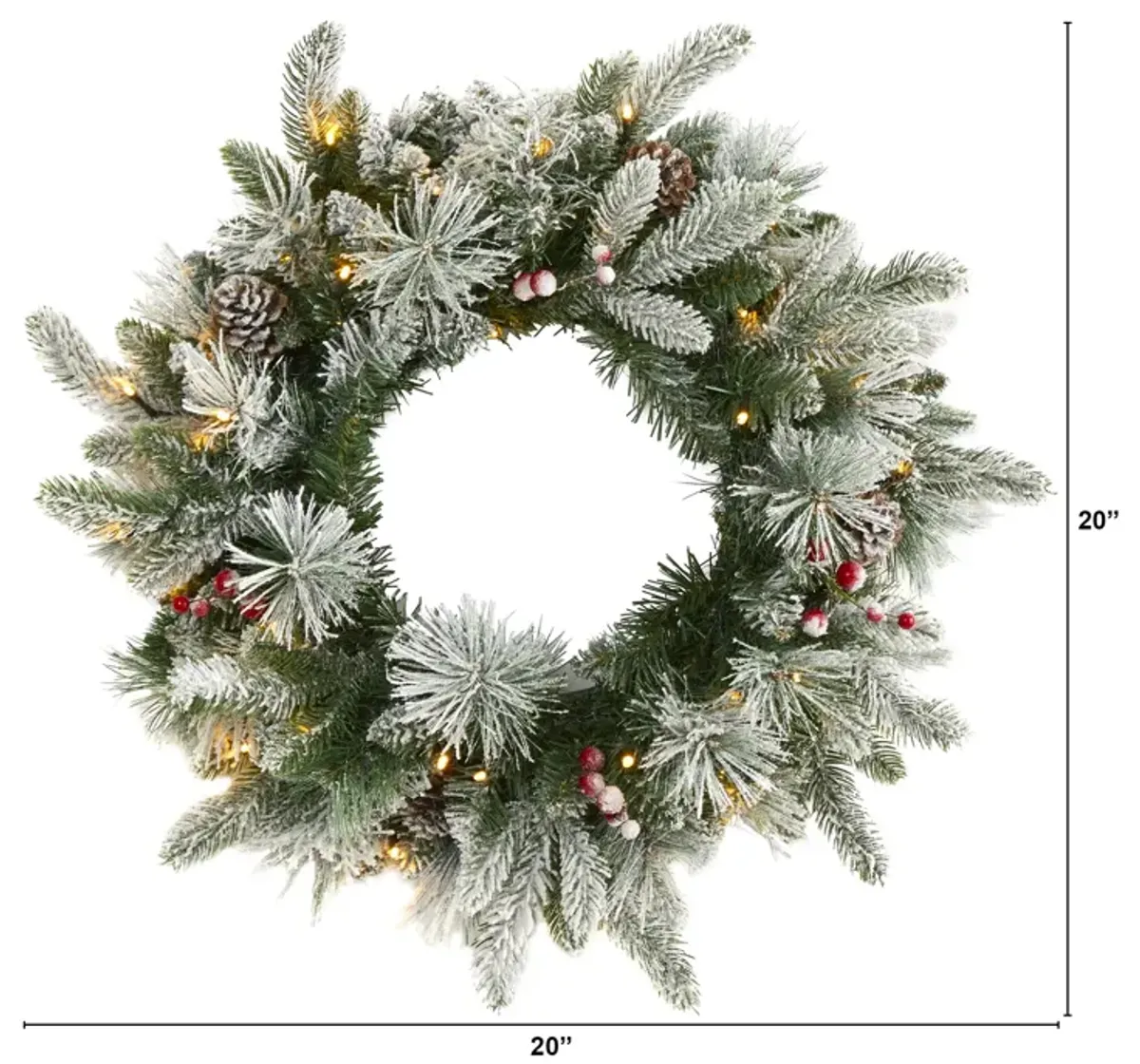 HomPlanti 20" Flocked Mixed Pine Artificial Christmas Wreath with 50 LED Lights, Pine Cones and Berries