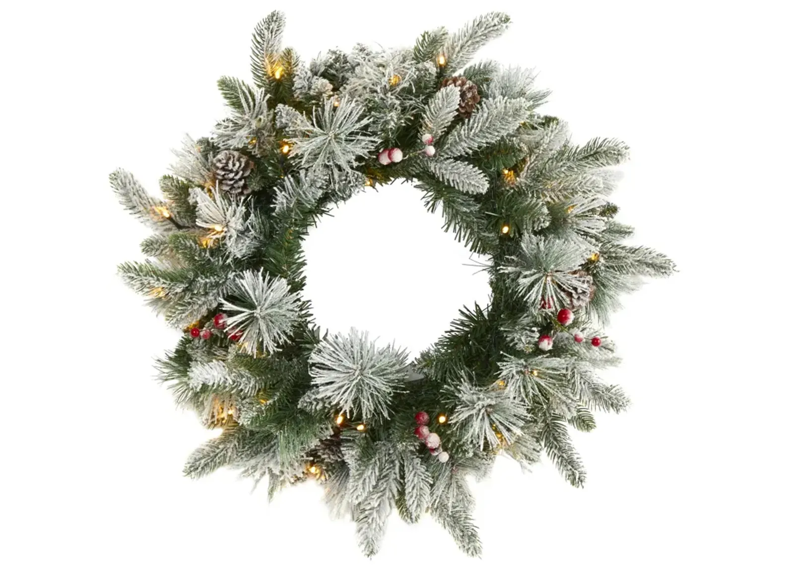 HomPlanti 20" Flocked Mixed Pine Artificial Christmas Wreath with 50 LED Lights, Pine Cones and Berries