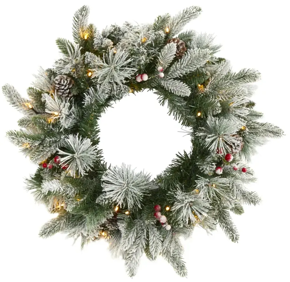 HomPlanti 20" Flocked Mixed Pine Artificial Christmas Wreath with 50 LED Lights, Pine Cones and Berries