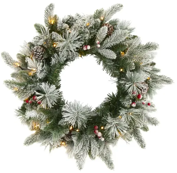 Hivvago 20" Flocked Mixed Pine Artificial Christmas Wreath with 50 LED Lights, Pine Cones and Berries