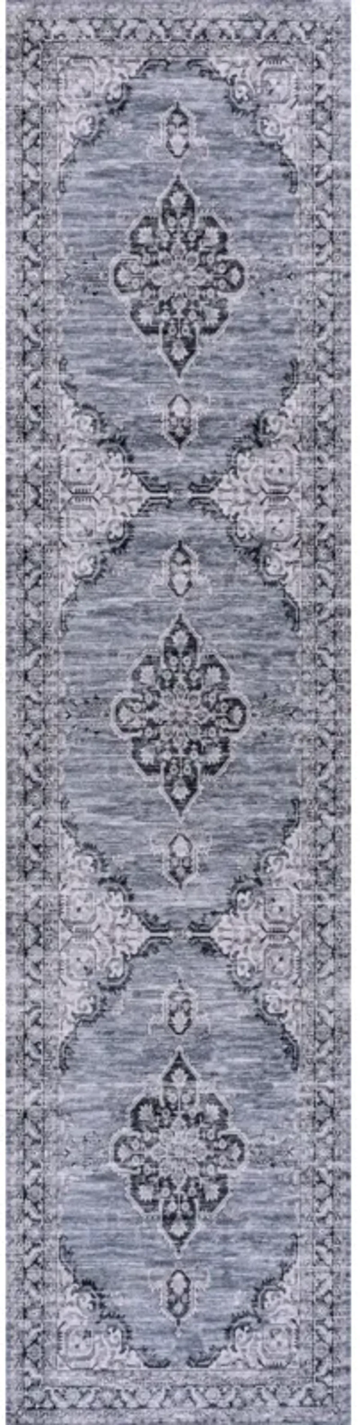 Wincer Chenille Cottage Medallion Machine-Washable Navy/Gray/Black 2 ft. x 8 ft. Runner Rug