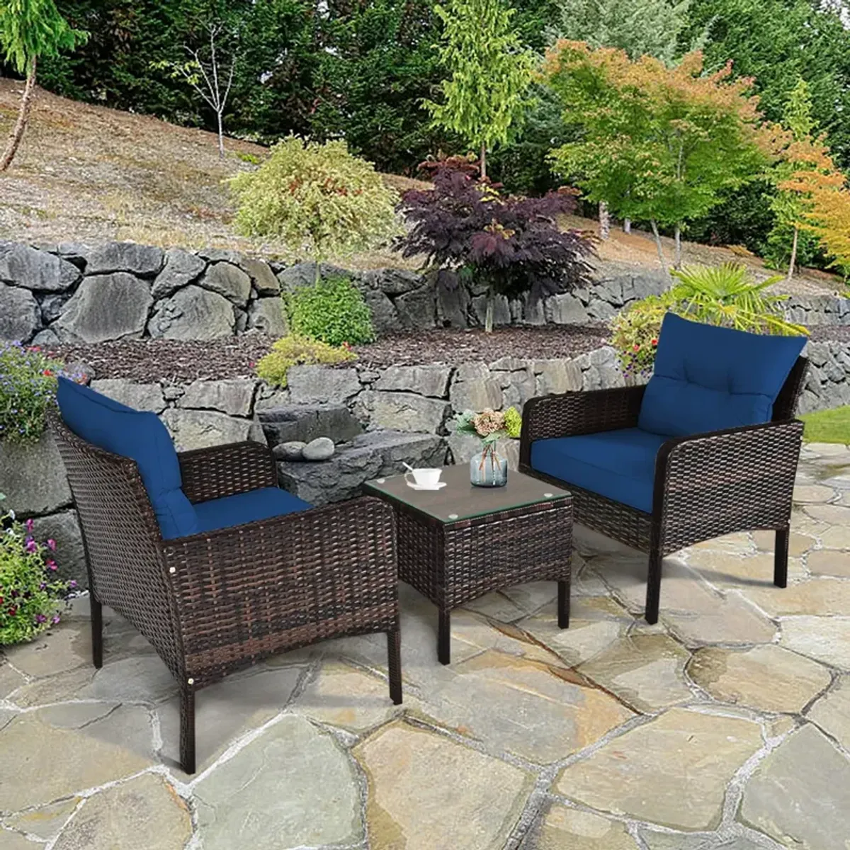 3 Pieces Outdoor Patio Rattan Conversation Set with Seat Cushions