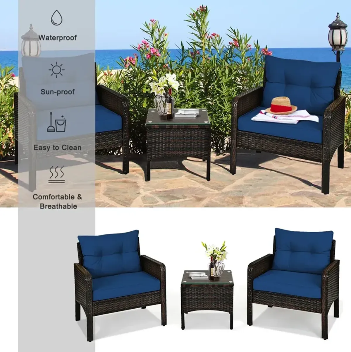 3 Pieces Outdoor Patio Rattan Conversation Set with Seat Cushions