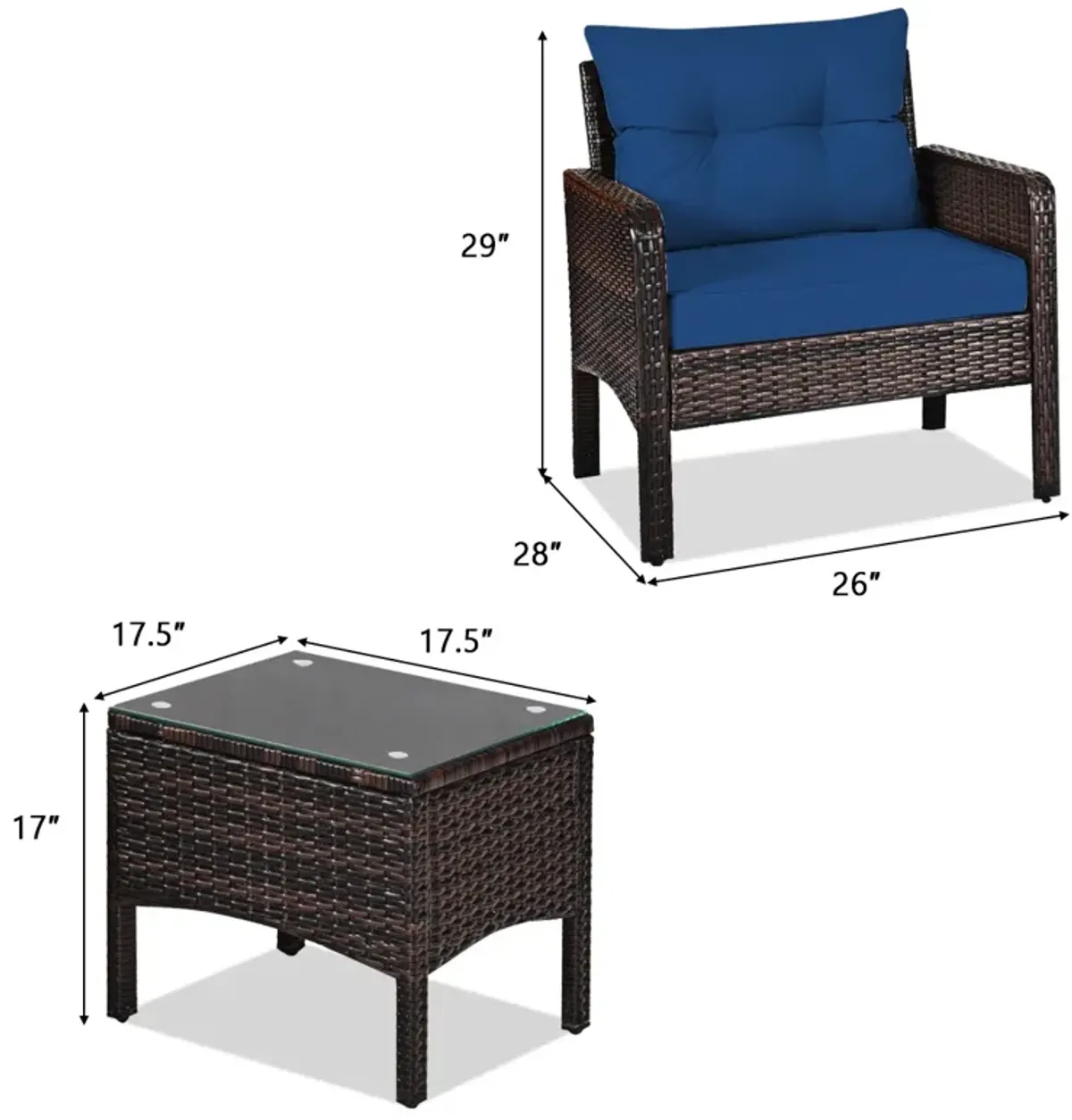 3 Pieces Outdoor Patio Rattan Conversation Set with Seat Cushions