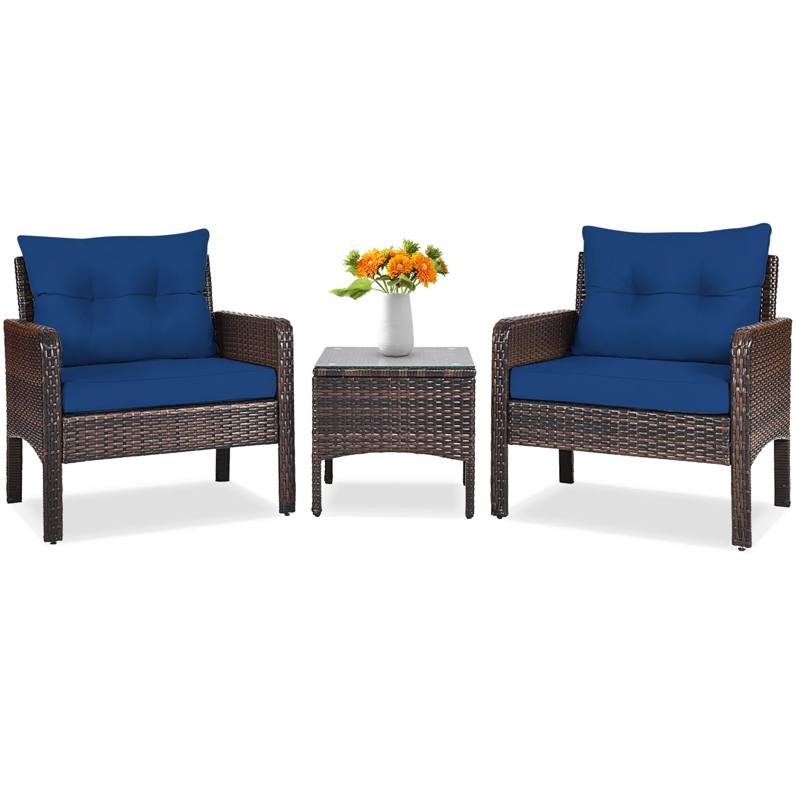 3 Pieces Outdoor Patio Rattan Conversation Set with Seat Cushions