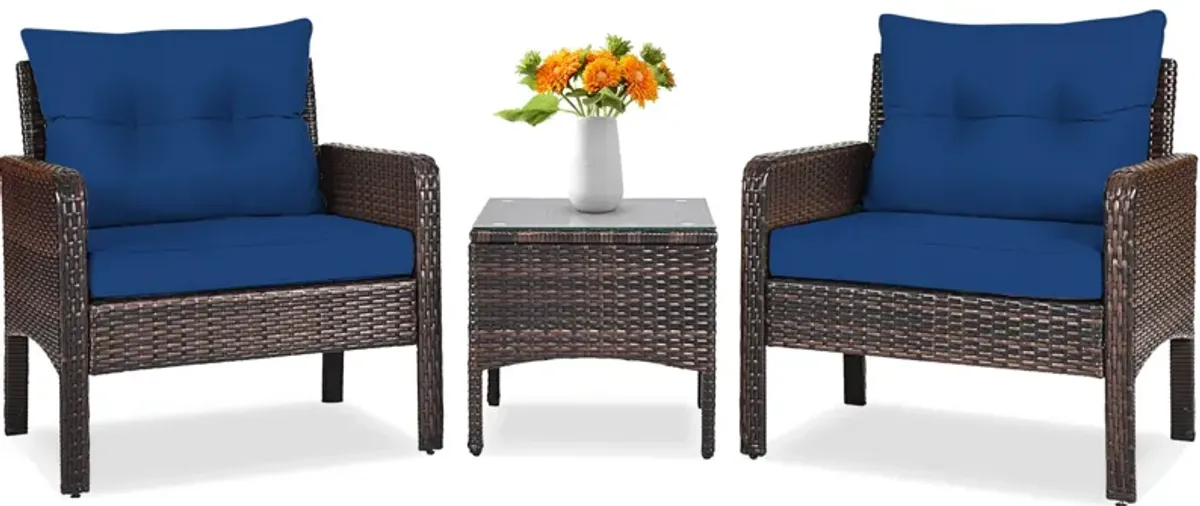 3 Pieces Outdoor Patio Rattan Conversation Set with Seat Cushions