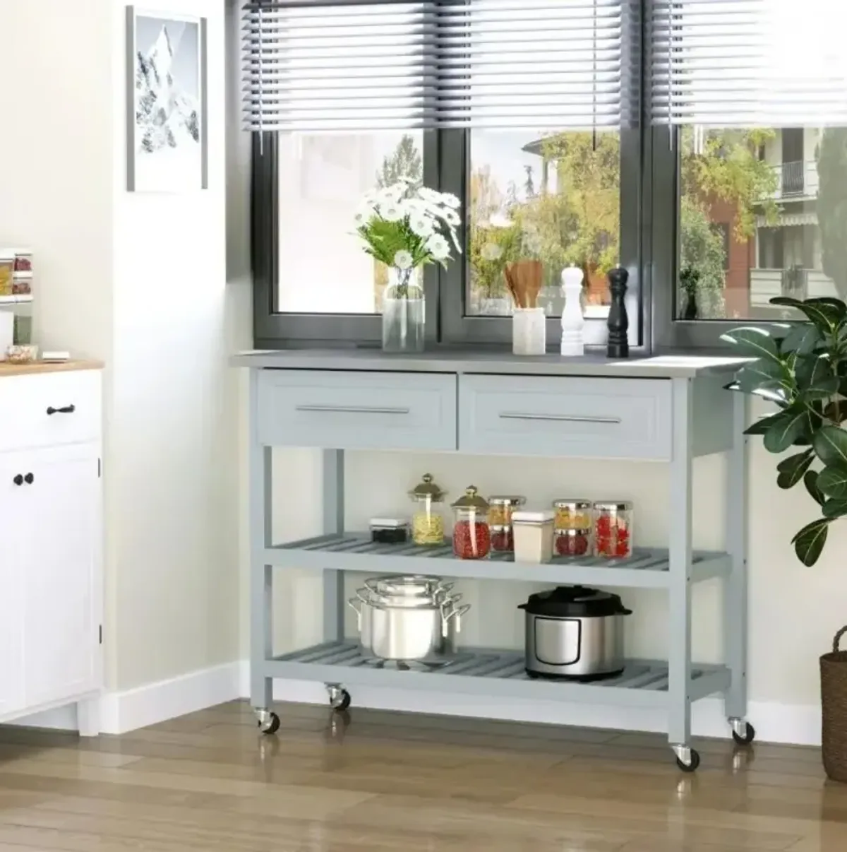Rolling Kitchen Island with 2 Drawers and Storage Shelf for Convenient Kitchen Organization