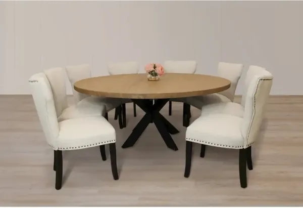 9-Piece 72 Dining Set 8 Dining Chairs in Ivory Linen Fabric Antique Brown Legs