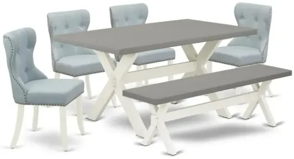 East West Furniture 6-Piece Dining Room Table Set- 4 Dining Padded Chairs with Baby Blue Linen Fabric Seat and Button Tufted Chair Back - Rectangular Top & Wooden Cross Legs Kitchen Dining