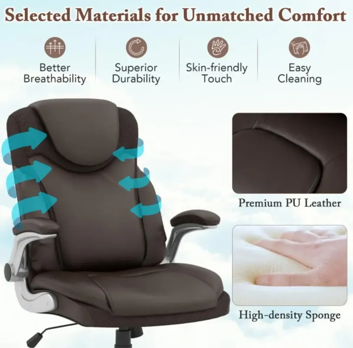 Ergonomic Office PU Leather Executive Chair with Flip-up Armrests and Rocking Function