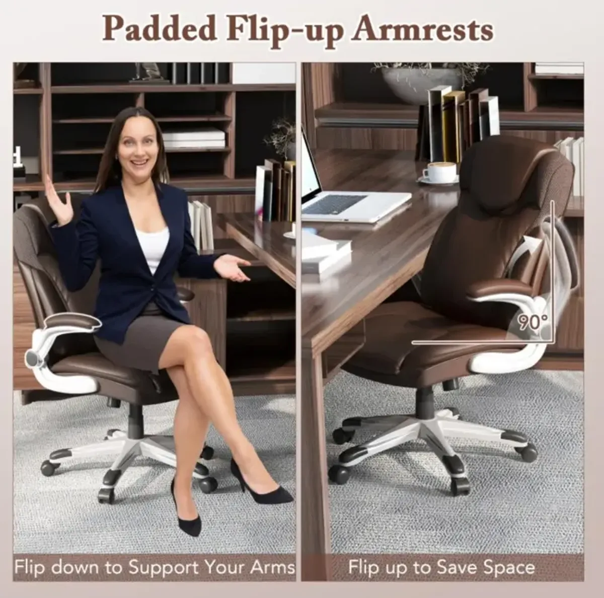 Ergonomic Office PU Leather Executive Chair with Flip-up Armrests and Rocking Function