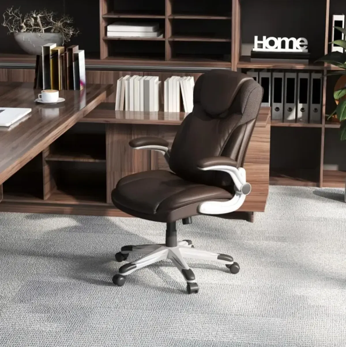 Ergonomic Office PU Leather Executive Chair with Flip-up Armrests and Rocking Function