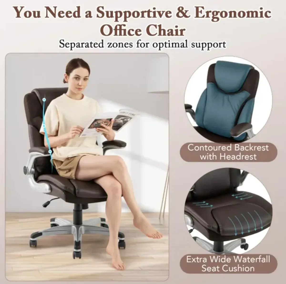 Ergonomic Office PU Leather Executive Chair with Flip-up Armrests and Rocking Function