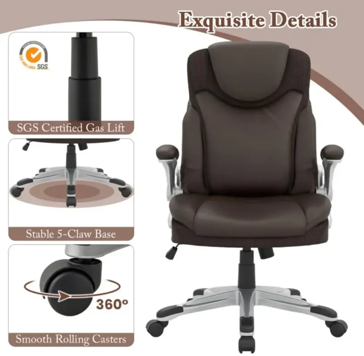 Ergonomic Office PU Leather Executive Chair with Flip-up Armrests and Rocking Function