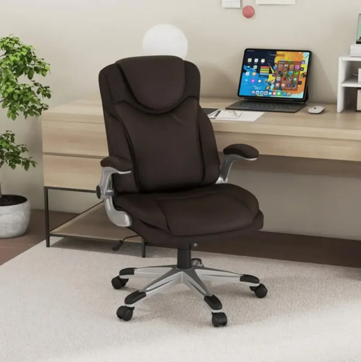 Ergonomic Office PU Leather Executive Chair with Flip-up Armrests and Rocking Function