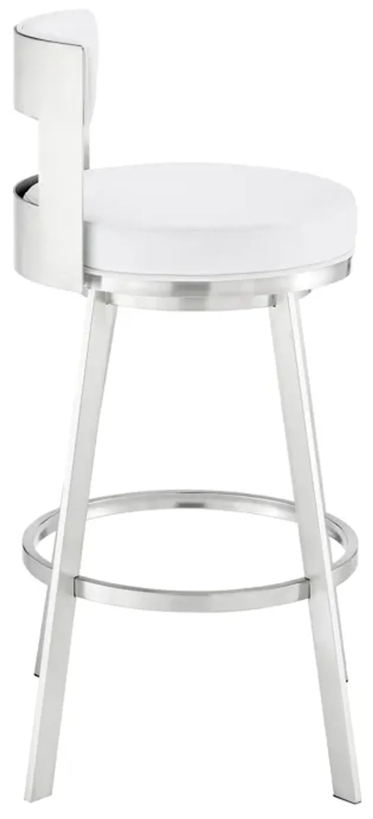 Nova 30 Inch Swivel Barstool, Panel Back, Steel Frame, White Faux Leather-Benzara