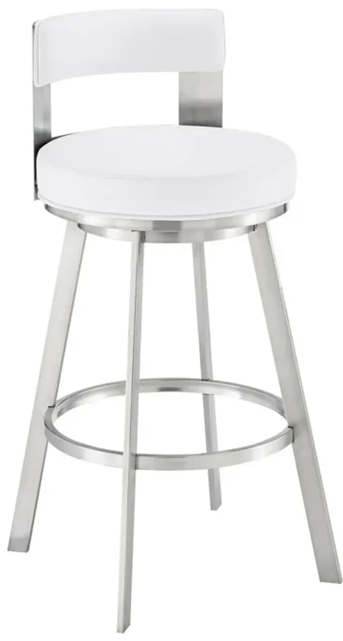 Nova 30 Inch Swivel Barstool, Panel Back, Steel Frame, White Faux Leather-Benzara