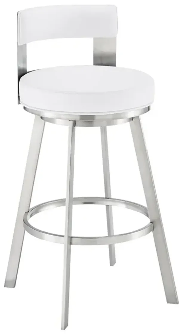 Nova 30 Inch Swivel Barstool, Panel Back, Steel Frame, White Faux Leather - Benzara
