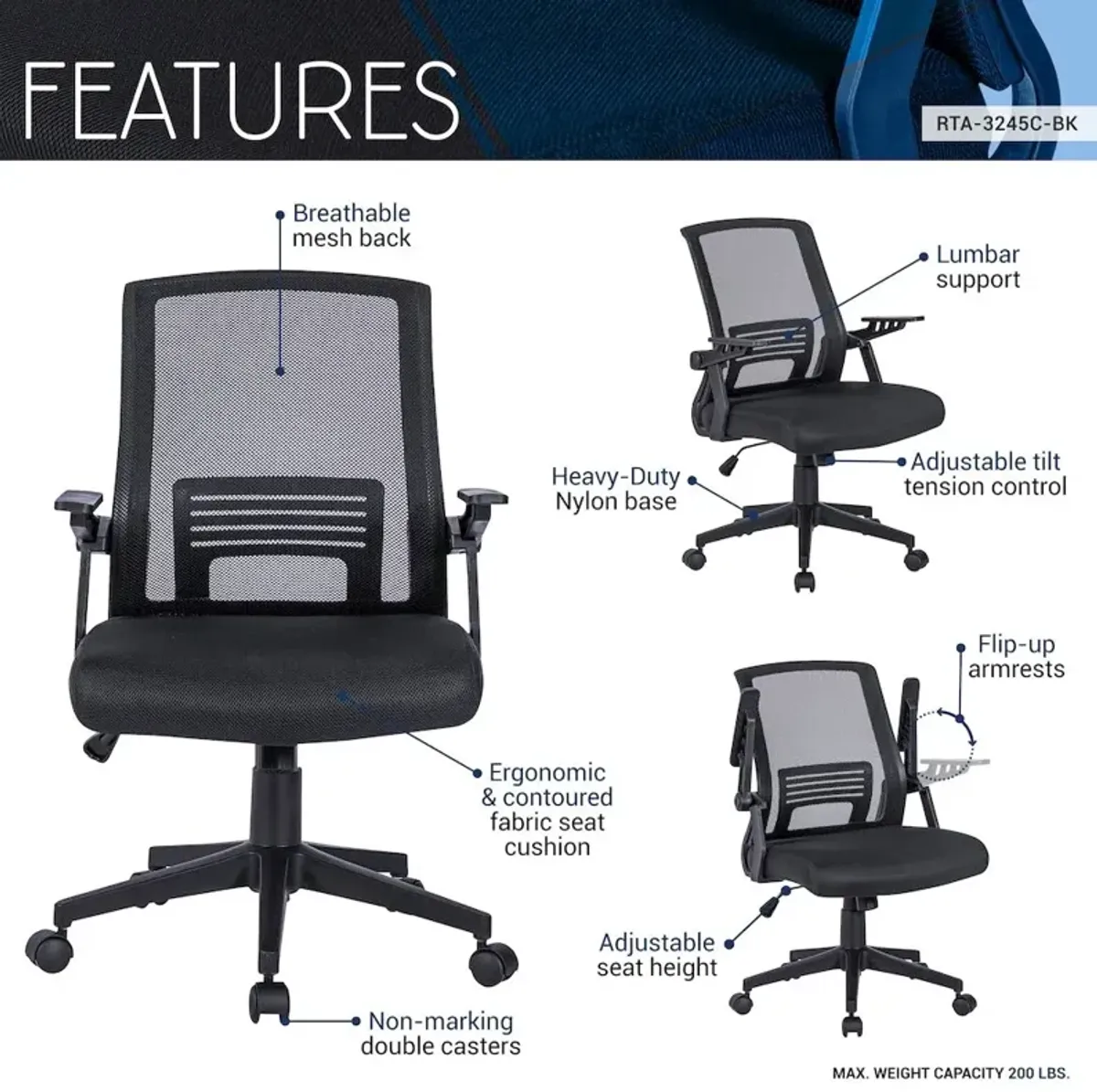 Techni Mobili Ergonomic Office Mesh Chair, Black