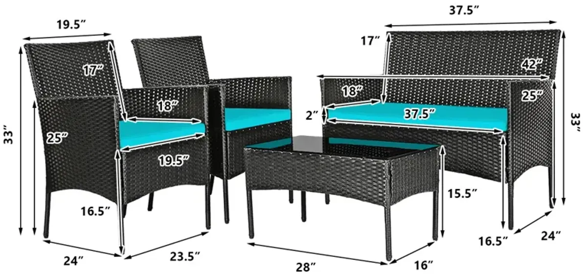 4 Pieces Patio Rattan Cushioned Sofa Set with Tempered Glass Coffee Table