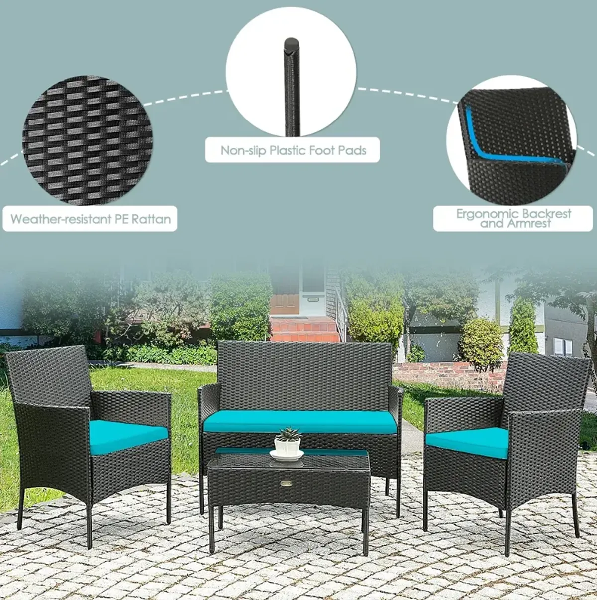 4 Pieces Patio Rattan Cushioned Sofa Set with Tempered Glass Coffee Table