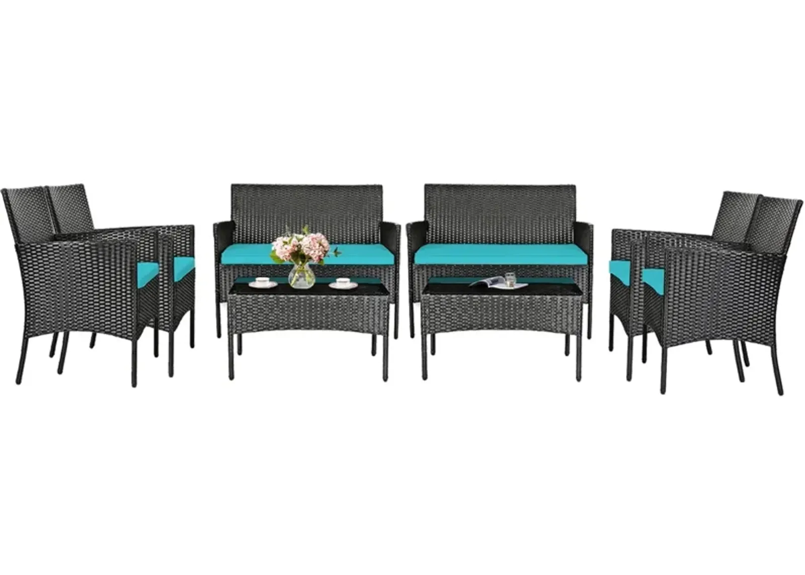 4 Pieces Patio Rattan Cushioned Sofa Set with Tempered Glass Coffee Table