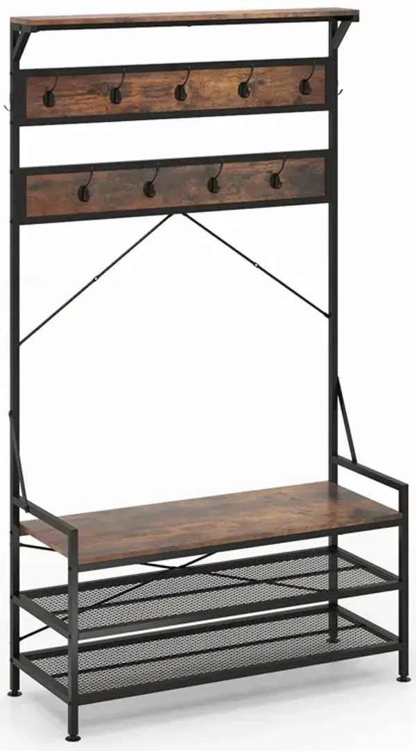 Multi-Functional Hall Tree with Coat Rack, 11 Hooks, and Shoe Storage Bench