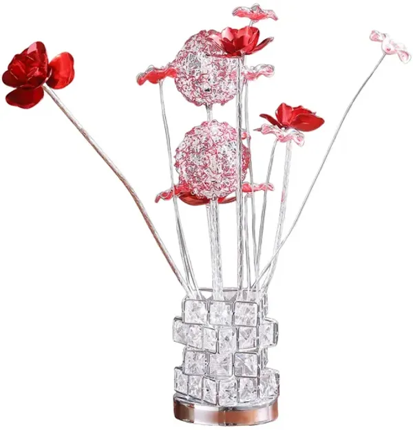 Accent Table Lamp, LED, Red Roses, Crystal Square Vase, Chrome 21 Inch - Benzara