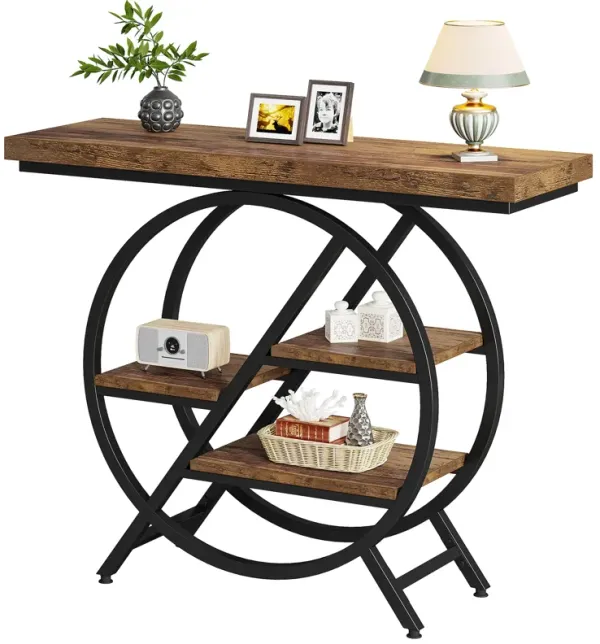 Modern Living Room Storage Ladder -39.4-inch Thick Top Entrance Platform, 4-layer Narrow Design, Country Brown Black, Waterproof Particle Board, Sturdy Metal Frame, Home Storage Organization Management, Suitable for Living Room or Corridor Storage