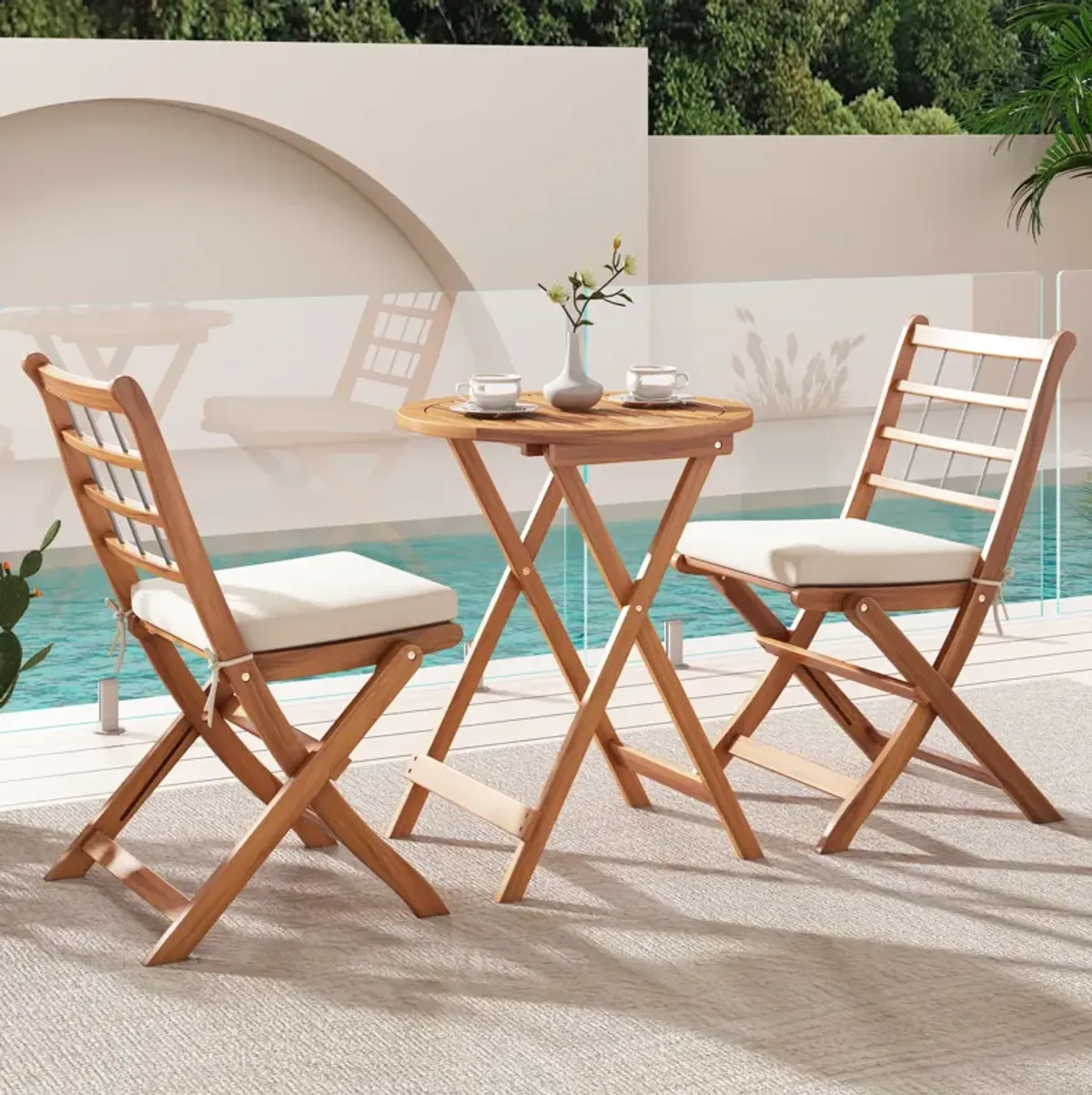 3 Pieces Acacia Wood Patio Bistro Set with Cushions