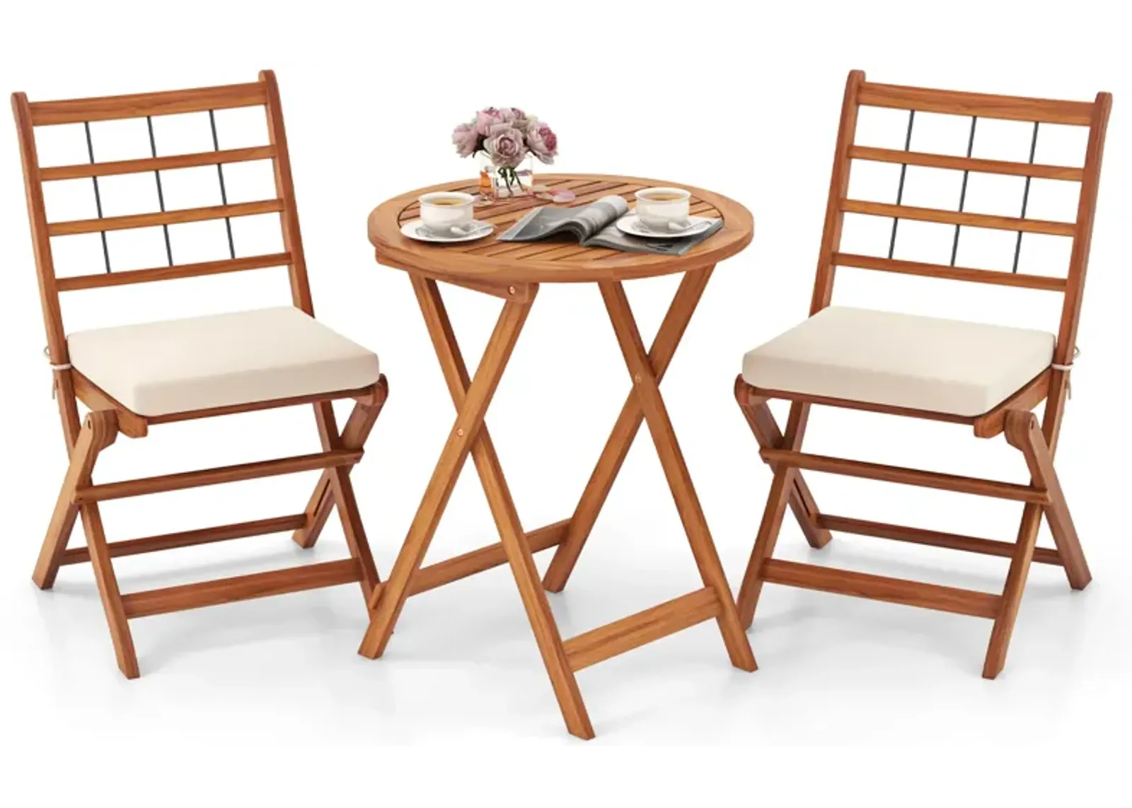 3 Pieces Acacia Wood Patio Bistro Set with Cushions