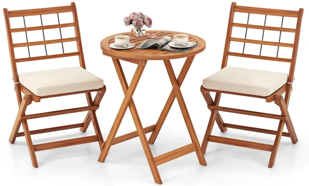 3 Pieces Acacia Wood Patio Bistro Set with Cushions