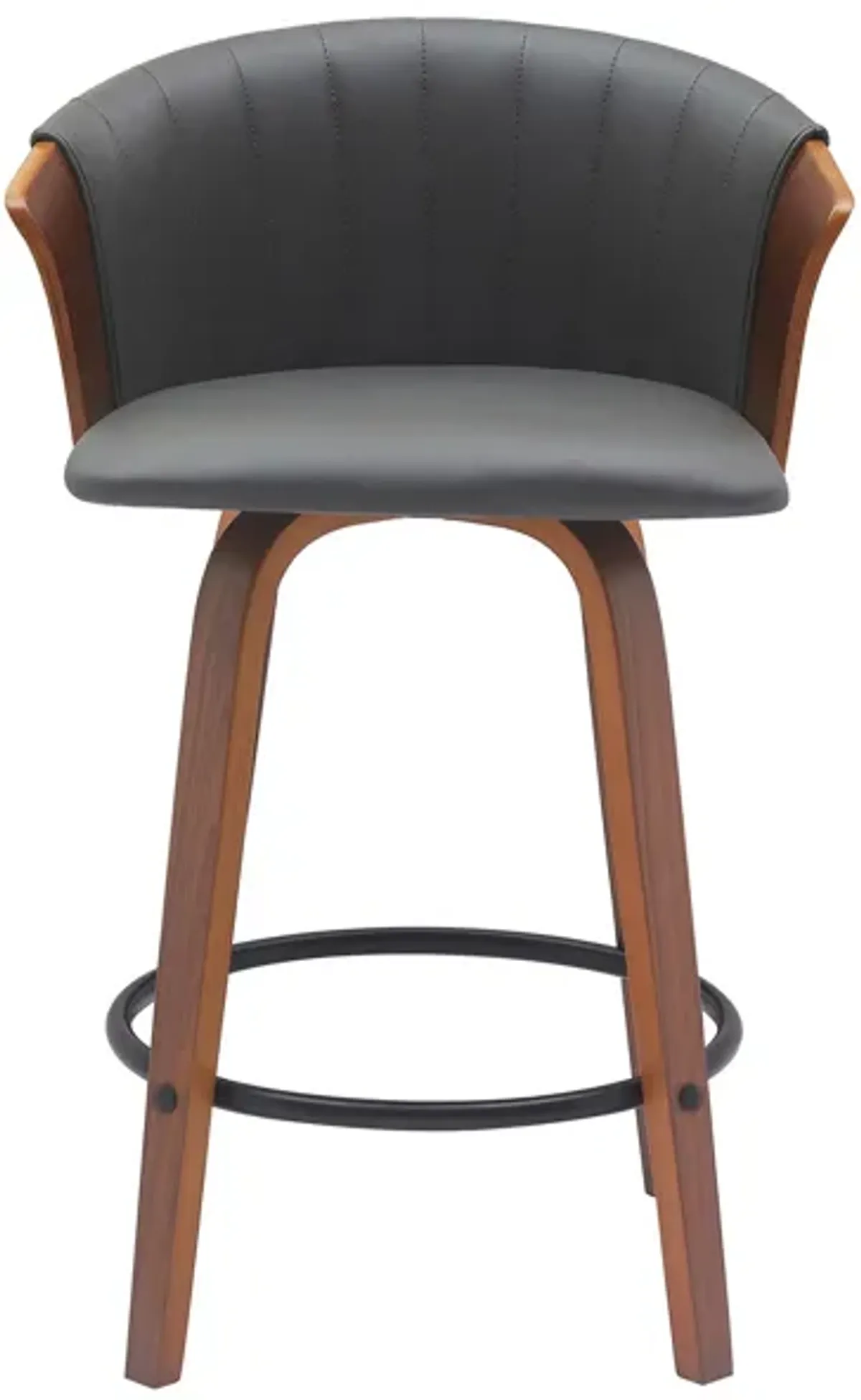 Oja 26 Inch Swivel Counter Stool Chair, Gray Faux Leather, Walnut Brown - Benzara