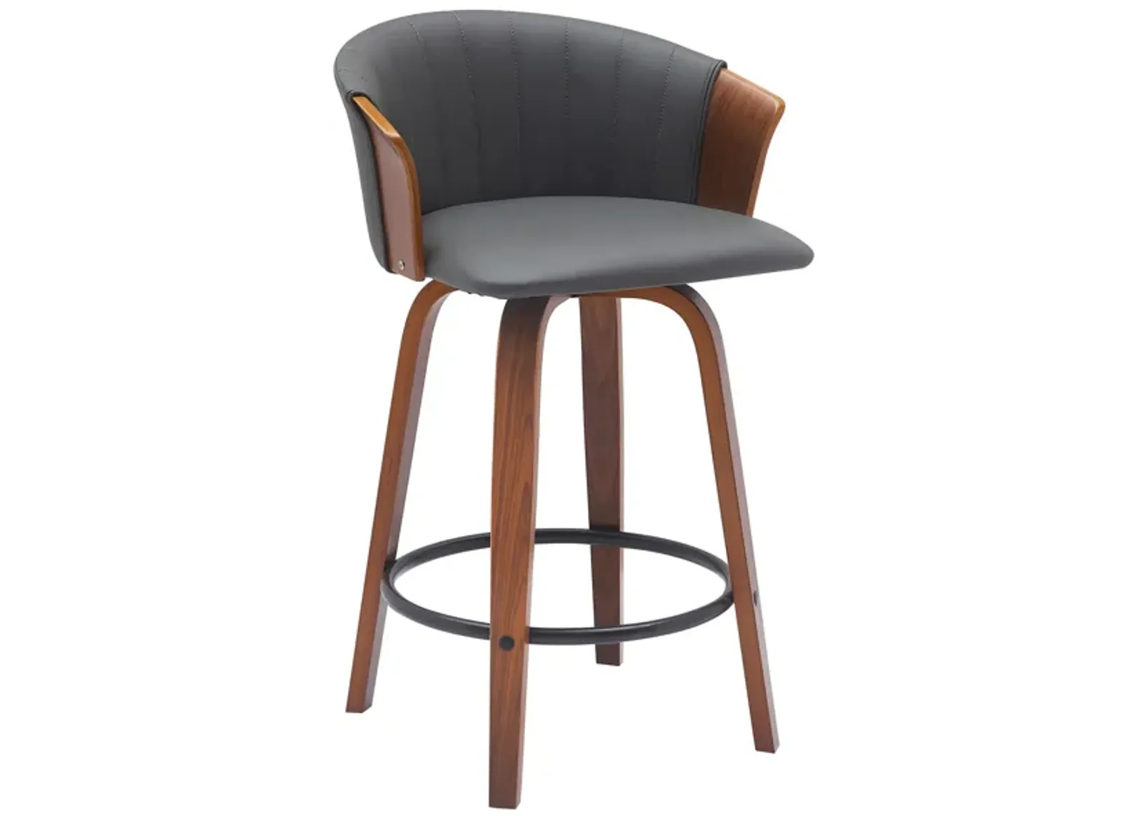 Oja 26 Inch Swivel Counter Stool Chair, Gray Faux Leather, Walnut Brown - Benzara