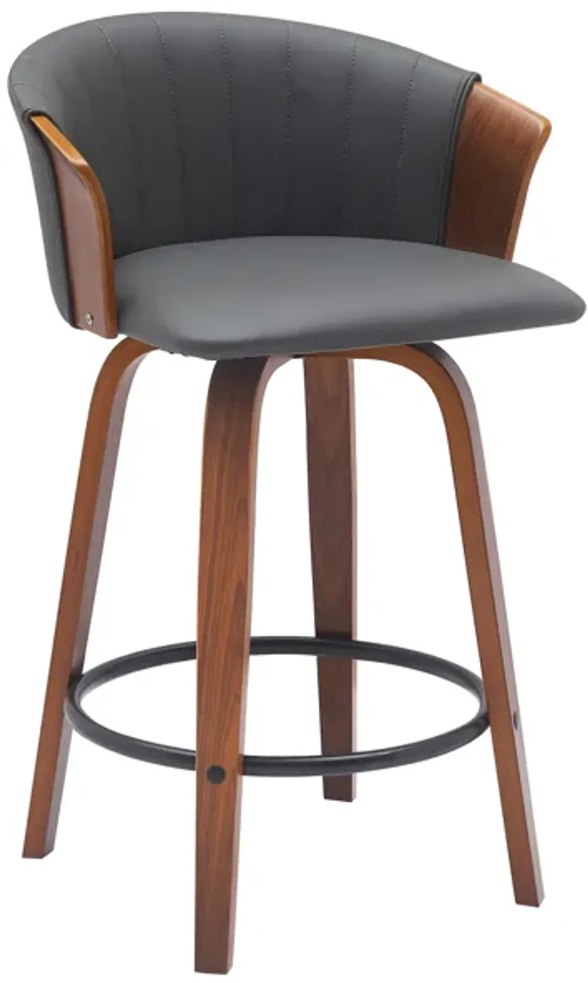 Oja 26 Inch Swivel Counter Stool Chair, Gray Faux Leather, Walnut Brown - Benzara