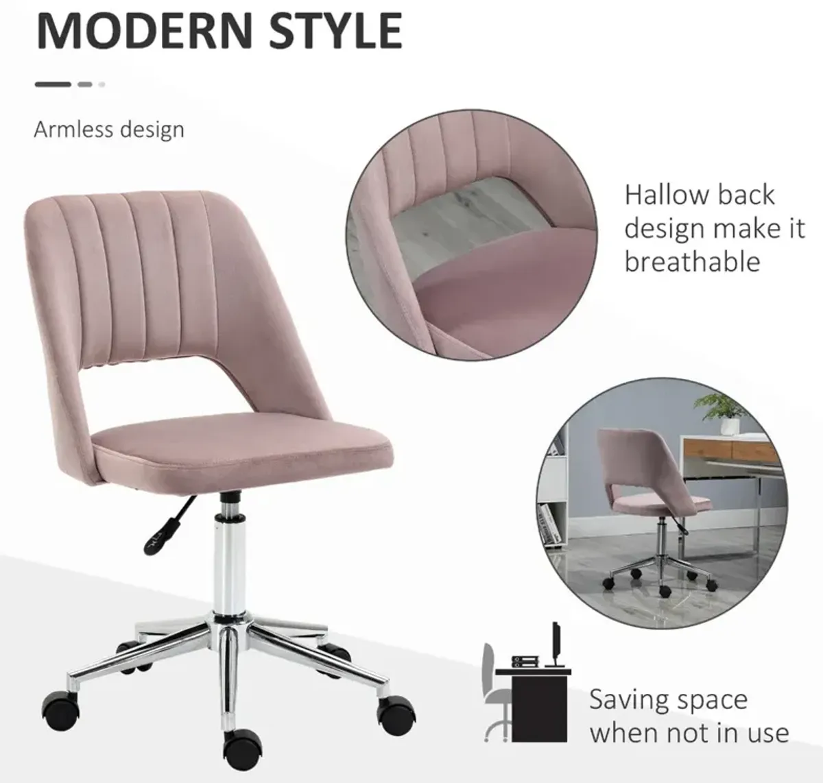 Pink Office Comfort: Velvet Mid Back Swivel Chair with Scallop Design