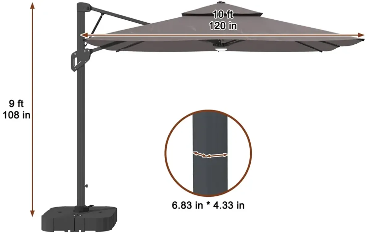 MONDAWE 10ft Square Solar LED Offset Cantilever Outdoor Patio Umbrella with Bluetooth Speaker and Included Base