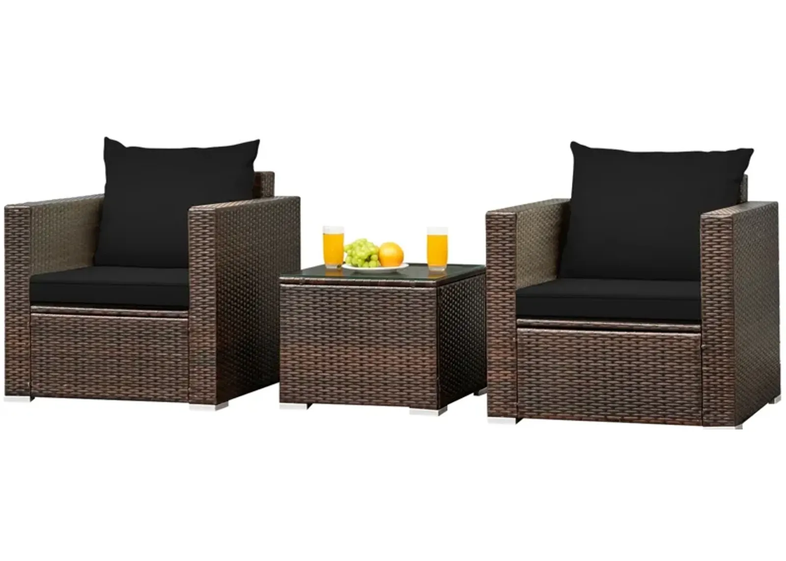 3 Pcs Patio Conversation Rattan Furniture Set with Cushion