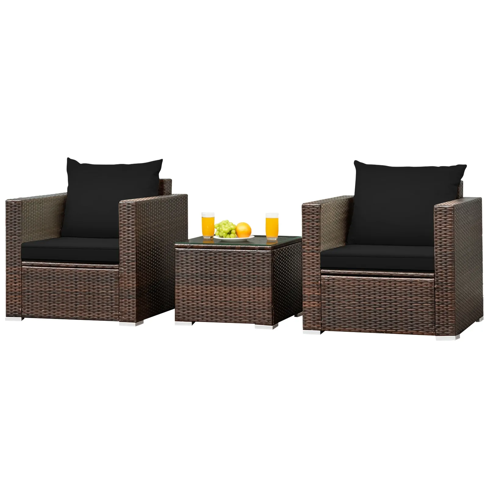 3 Pcs Patio Conversation Rattan Furniture Set with Cushion