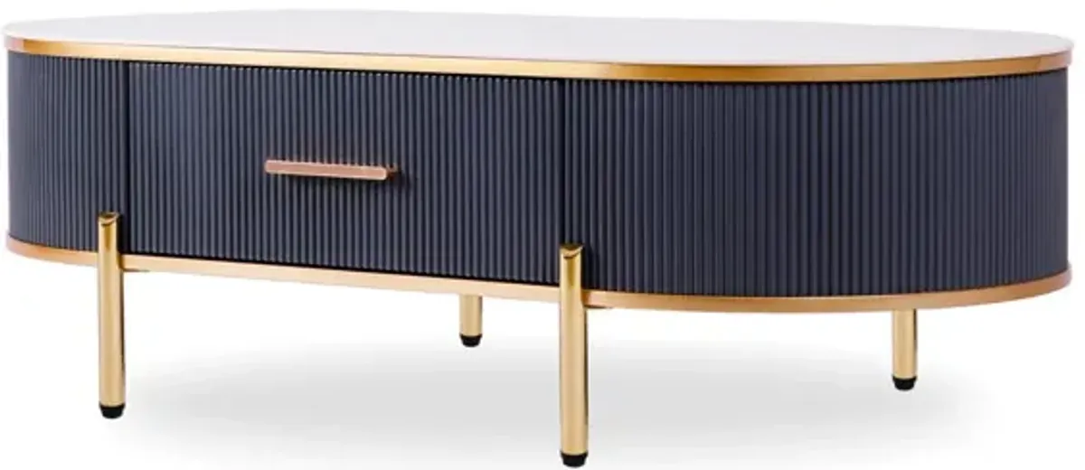 47 Charcoal Gray Gold And White Stone Oval Coffee Table With Drawer