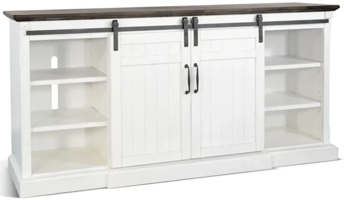 Orso TV Media Console, Fireplace Option, Barn Doors, 78 Inch White - Benzara